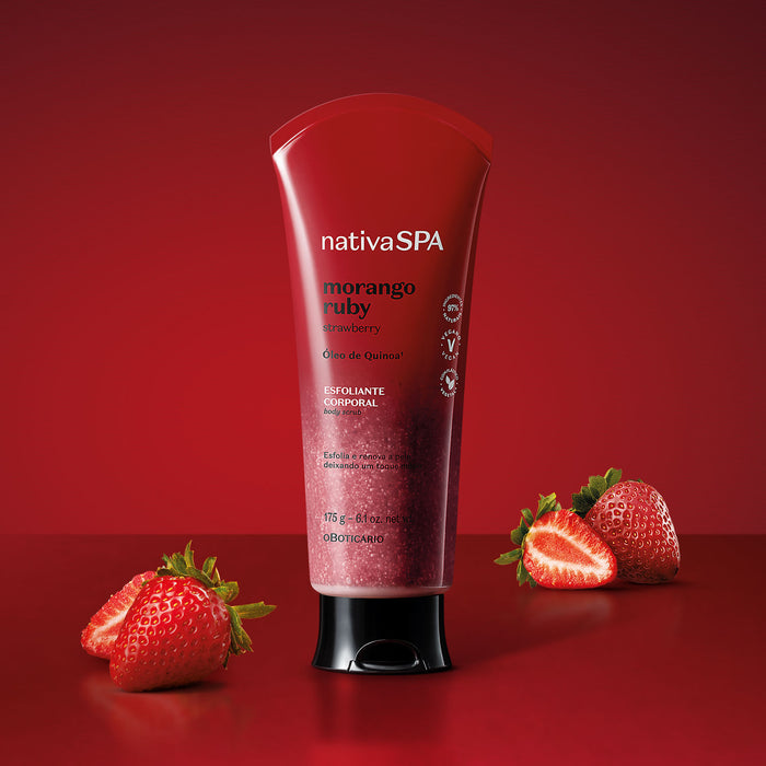 Nativa SPA Morango Ruby Body Scrub tube beside fresh strawberries highlighting the strawberry extract formula – Buy now at MKPBR.COM – Worldwide Shipping