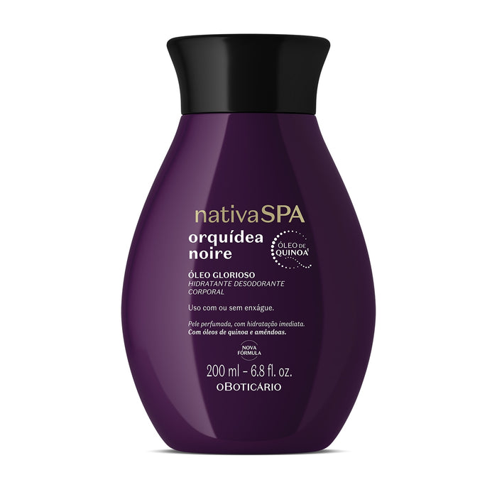 Boticário Nativa SPA Orquídea Noire Óleo Glorioso hydrating deodorant body oil 200 ml purple bottle, front label with quinoa oil seal – Buy now at MKPBR.COM – Worldwide Shipping
