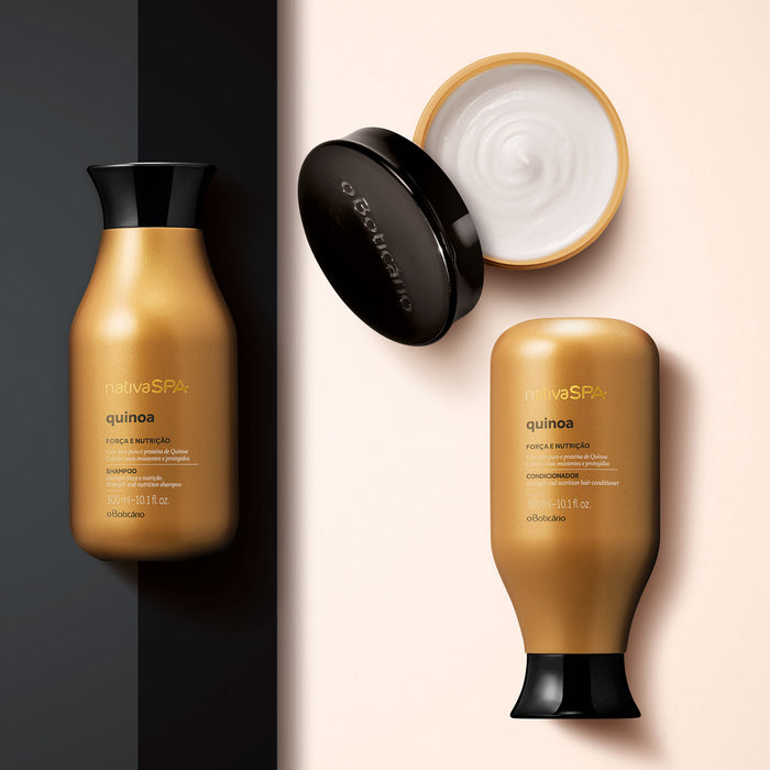 Boticário Nativa SPA Quinoa hair care line family, including the 200 g quinoa hair mask, shampoo and conditioner from Brazil – Buy now at MKPBR.COM – Worldwide Shipping