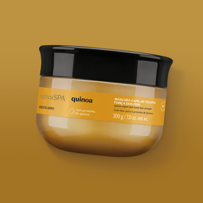 Boticário Nativa SPA Quinoa Hair Mask shown with quinoa grain, the Andean plant ingredient rich in vegetable protein used in this Brazilian hair treatment – Buy now at MKPBR.COM – Worldwide Shipping