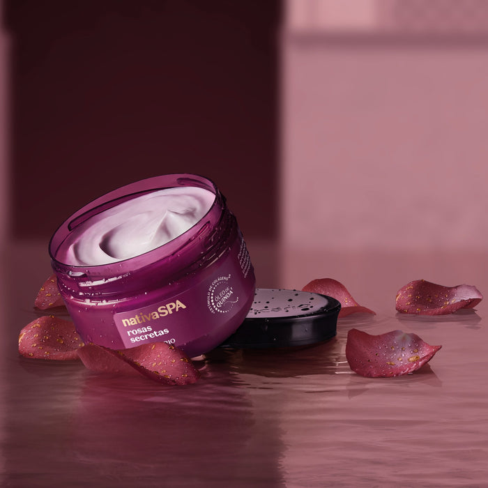 Close-up of the Boticário Nativa SPA Rosas Secretas Body Oil-in-Cream label with product details and net weight 175 g – Buy now at MKPBR.COM – Worldwide Shipping