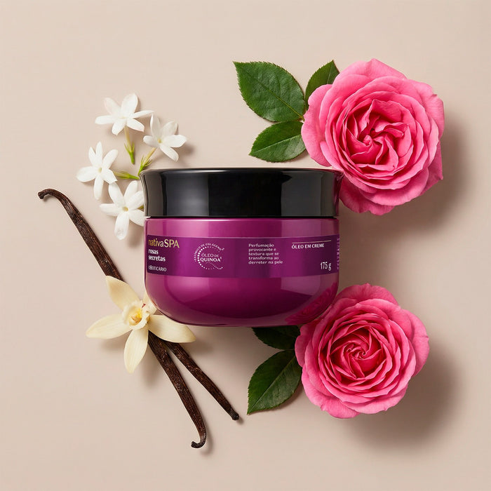 Open jar of Boticário Nativa SPA Rosas Secretas Body Oil-in-Cream showing the rich creamy oil-in-cream texture – Buy now at MKPBR.COM – Worldwide Shipping