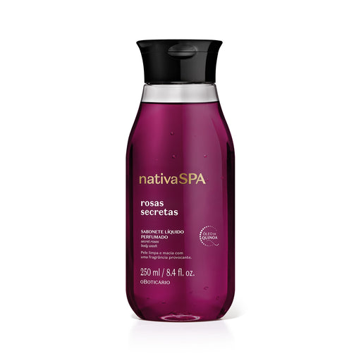 Boticário Nativa SPA Rosas Secretas Perfumed Body Wash 250 ml deep magenta bottle with black flip cap and Quinoa Oil seal, front view – Buy now at MKPBR.COM – Worldwide Shipping