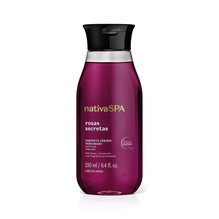 Boticário Nativa SPA Rosas Secretas Perfumed Body Wash 250 ml deep magenta bottle with black flip cap and Quinoa Oil seal, front view – Buy now at MKPBR.COM – Worldwide Shipping
