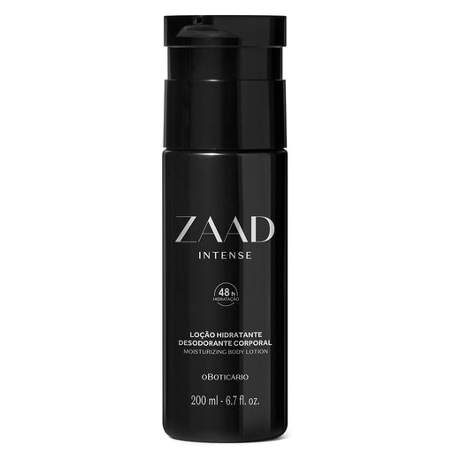 Boticário Zaad Intense Deodorant Body Lotion 200 ml black pump bottle front view with silver Zaad Intense logo – Buy now at MKPBR.COM – Worldwide Shipping
