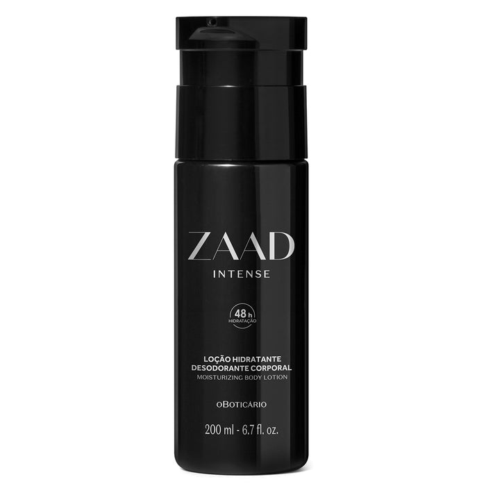 Boticário Zaad Intense Deodorant Body Lotion 200 ml black pump bottle front view with silver Zaad Intense logo – Buy now at MKPBR.COM – Worldwide Shipping