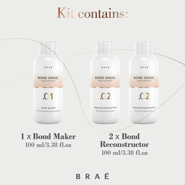 Braé Bond Angel Plex Effect Treatment Kit 3x100ml (1x Step 1, 2x Step 2) - Professional bond protection for bleaching/coloring & at-home hair reconstruction – Buy now at MKPBR.COM – Worldwide Shipping