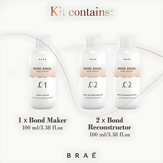 Braé Bond Angel Plex Effect Treatment Kit 3x100ml (1x Step 1, 2x Step 2) - Professional bond protection for bleaching/coloring & at-home hair reconstruction – Buy now at MKPBR.COM – Worldwide Shipping