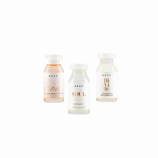 Braé Essential Complete Hair Repair & Hydration Kit including Revival, Soul Color, and Divine ampoules for targeted treatment – Buy now at MKPBR.COM – Worldwide Shipping