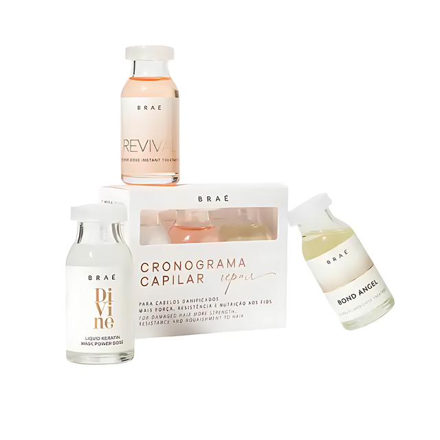 Braé Hair Schedule Deep Repair Ampoule Kit - 3x 0.44 fl oz (3x13ml) – Complete 3-week deep repair for damaged hair featuring Divine, Revival, and Bond Angel for total transformation – Buy now at MKPBR.COM – Worldwide Shipping