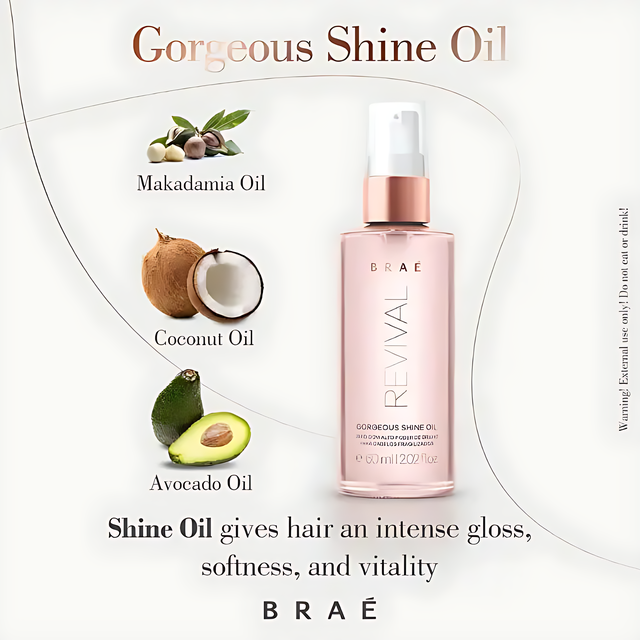 Braé Revival Gorgeous Shine Oil - Deep Reconstruction Hair Oil - 2.03 fl oz (60ml) – Enriched with nourishing blend of avocado, argan, and macadamia oils – Buy now at MKPBR.COM – Worldwide Shipping