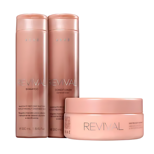 Braé Revival Complete Hair Reconstruction Kit: 250ml Shampoo, 250ml Conditioner, 200g Mask for extremely damaged hair – Buy now at MKPBR.COM – Worldwide Shipping