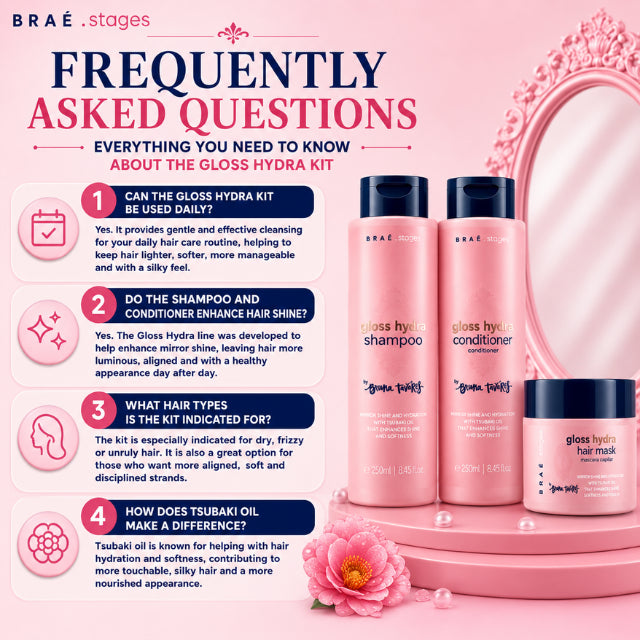 BRAÉ Stages by Bruna Tavares Gloss Hydra Complete Routine Kit – Shampoo, Conditioner & Hair Mask – Cleanse, Hydrate & Reveal 4x More Shine – 250 mL + 250 mL + 200 g cuticle alignment three steps focus – Buy now at MKPBR.COM – Worldwide Shipping