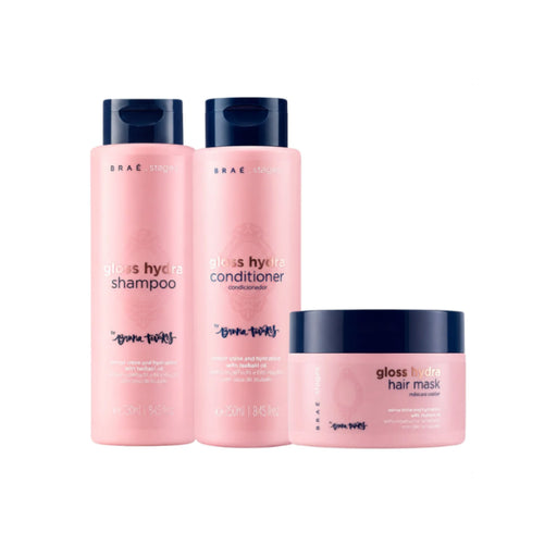 BRAÉ Stages by Bruna Tavares Gloss Hydra Complete Routine Kit – Shampoo, Conditioner & Hair Mask – Cleanse, Hydrate & Reveal 4x More Shine – 250 mL + 250 mL + 200 g hero image – Buy now at MKPBR.COM – Worldwide Shipping
