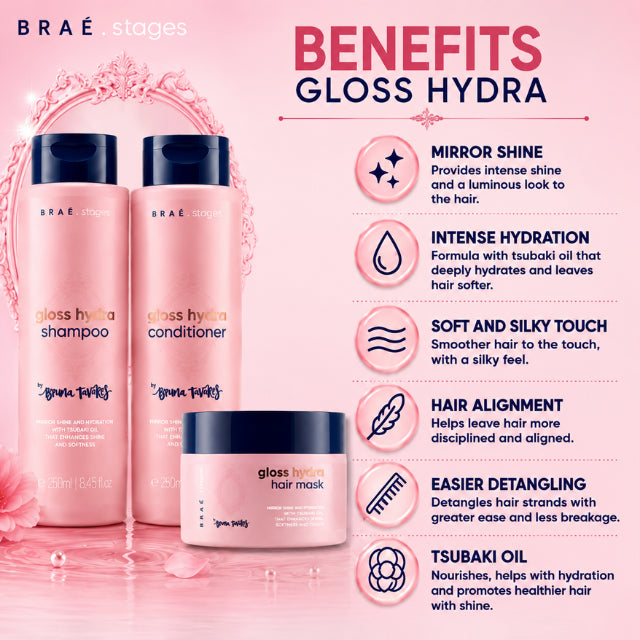 BRAÉ Stages by Bruna Tavares Gloss Hydra Complete Routine Kit – Shampoo, Conditioner & Hair Mask – Cleanse, Hydrate & Reveal 4x More Shine – 250 mL + 250 mL + 200 g three-step routine visual – Buy now at MKPBR.COM – Worldwide Shipping