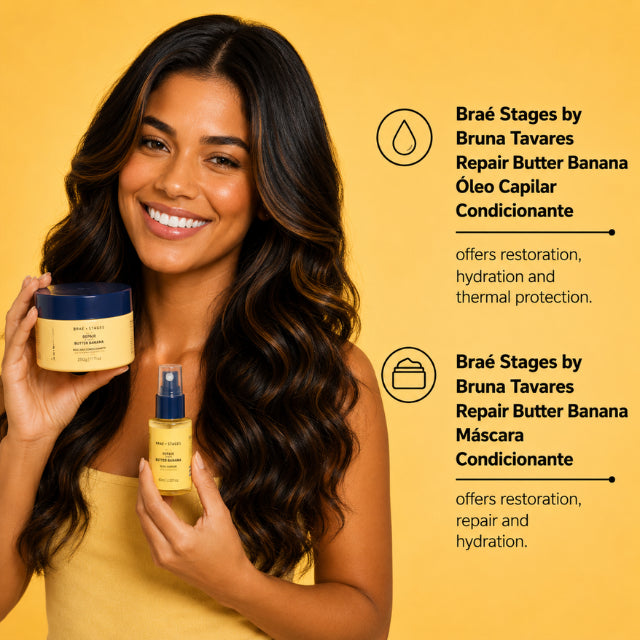 BRAÉ Stages by Bruna Tavares Repair Butter Banana Restorative Kit – Conditioning Mask + Hair Oil – Deep Repair, Frizz Control & Healthy Glow – 200 g + 60 mL two-step routine visual – Buy now at MKPBR.COM – Worldwide Shipping