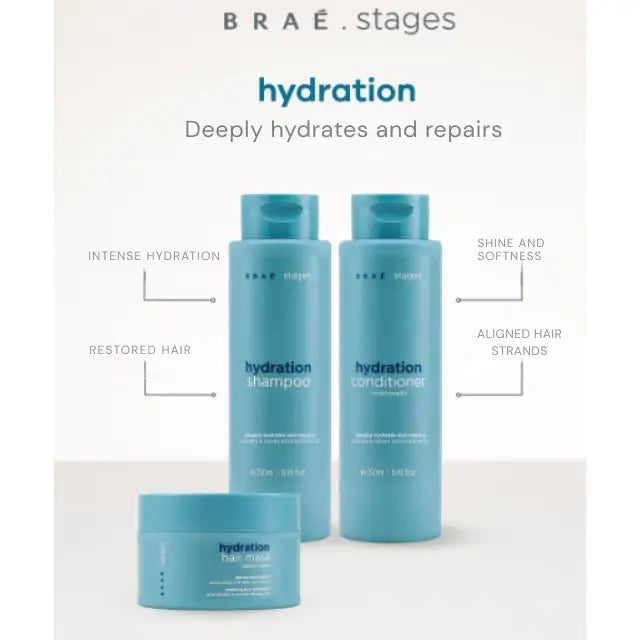 Braé Stages Hydration Home Care Kit (3 Products) - Includes 250ml Shampoo, 250ml Conditioner, and 200g Hair Mask for intense hydration and softness – Buy now at MKPBR.COM – Worldwide Shipping