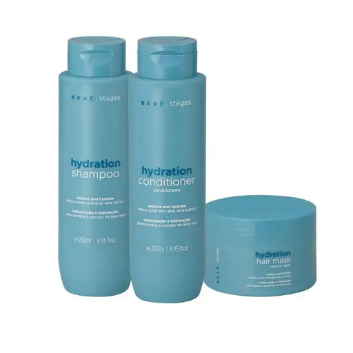 Braé Stages Hydration Kit with 250ml Shampoo, 250ml Conditioner, and 200g Hair Mask for ultimate moisture replenishment – Buy now at MKPBR.COM – Worldwide Shipping