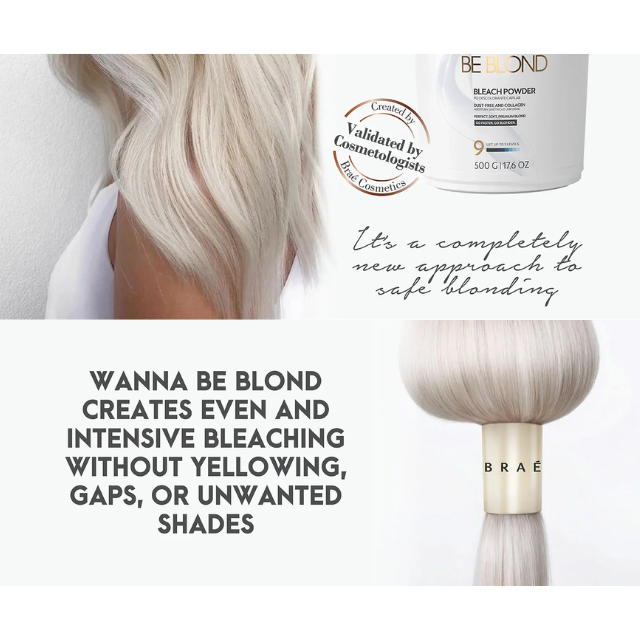 Braé Wanna Be Blond Kit provides a pathway to healthy, beautiful blonde hair with its Bleaching Powder and 20 Vol Oxidizing Emulsion – Buy now at MKPBR.COM – Worldwide Shipping
