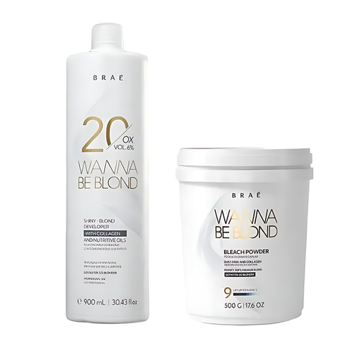 Braé Wanna Be Blond Kit: Bleaching Powder 500g and 20 Vol Oxidizing Emulsion 900ml for safe and effective hair lightening – Buy now at MKPBR.COM – Worldwide Shipping
