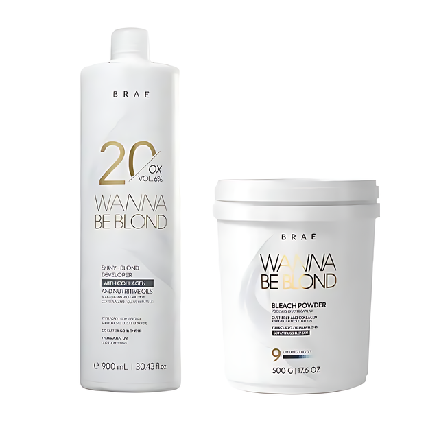 Braé Wanna Be Blond Kit: Bleaching Powder 500g and 20 Vol Oxidizing Emulsion 900ml for safe and effective hair lightening – Buy now at MKPBR.COM – Worldwide Shipping