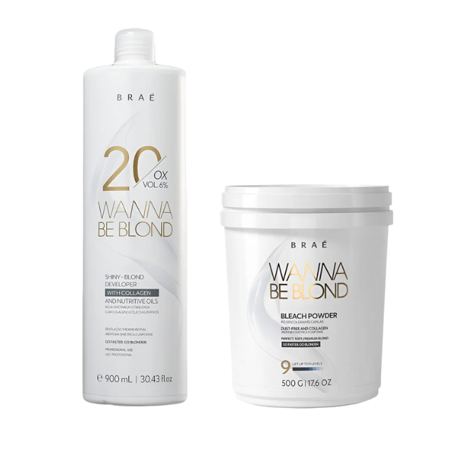 Braé Wanna Be Blond Kit: Bleaching Powder 500g and 20 Vol Oxidizing Emulsion 900ml for safe and effective hair lightening – Buy now at MKPBR.COM – Worldwide Shipping
