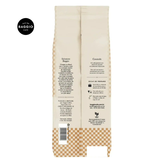 Elegant packaging of Baggio Café Caramel, symbolizing gourmet Brazilian coffee heritage. – Buy now at MKPBR.COM – Worldwide Shipping