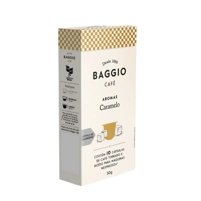 Elegant packaging of Baggio Café Caramel Nespresso capsules, symbolizing gourmet Brazilian coffee heritage. – Buy now at MKPBR.COM – Worldwide Shipping
