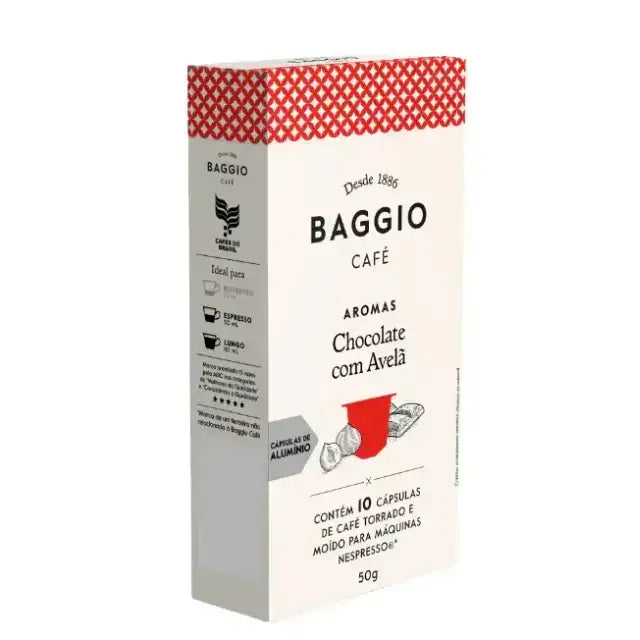 Elegant packaging of Baggio Café Chocolate Hazelnut Nespresso capsules, symbolizing gourmet Brazilian coffee heritage. – Buy now at MKPBR.COM – Worldwide Shipping