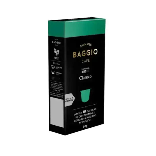 Elegant packaging of Baggio Café Clássico Nespresso capsules, symbolizing gourmet Brazilian coffee heritage. – Buy now at MKPBR.COM – Worldwide Shipping