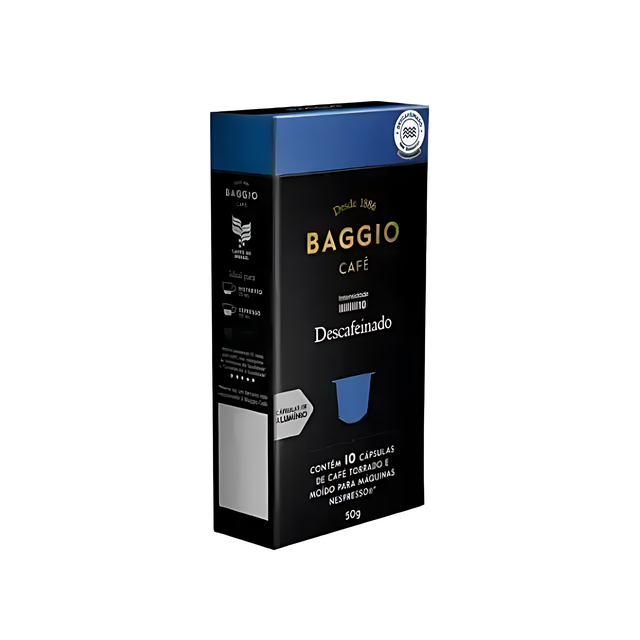 Elegant packaging of Baggio Café Decaffeinated Nespresso capsules, symbolizing chemical-free decaf from Brazil. – Buy now at MKPBR.COM – Worldwide Shipping
