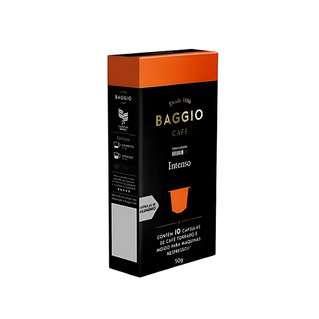 Elegant packaging of Baggio Café Intenso Nespresso capsules, symbolizing gourmet Brazilian coffee heritage. – Buy now at MKPBR.COM – Worldwide Shipping
