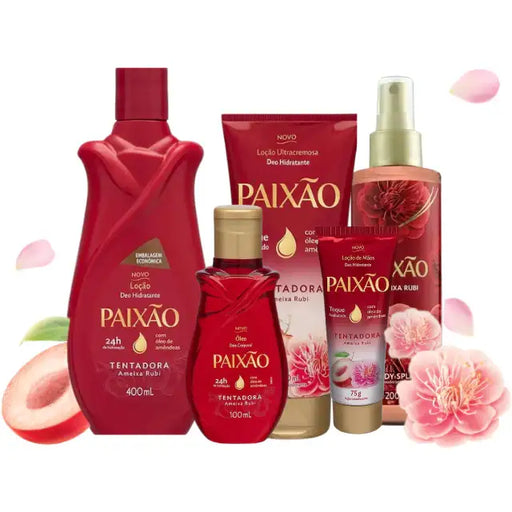Paixão Tempting Ruby Plum body oil, lotion, splash, and hand cream set for deep hydration – Buy now at MKPBR.COM – Worldwide Shipping