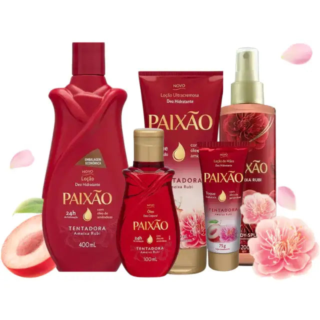 Paixão Tempting Ruby Plum body oil, lotion, splash, and hand cream set for deep hydration – Buy now at MKPBR.COM – Worldwide Shipping