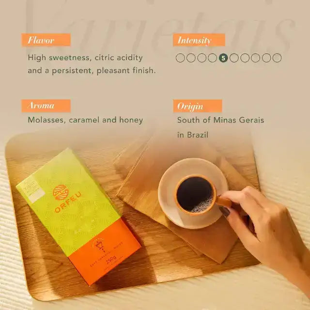 Orfeu Catucaí Ground Coffee  – A freshly brewed cup of Catucaí coffee with the ground coffee bag in the background, suggesting quality from bag to cup. – Buy now at MKPBR.COM – Worldwide Shipping
