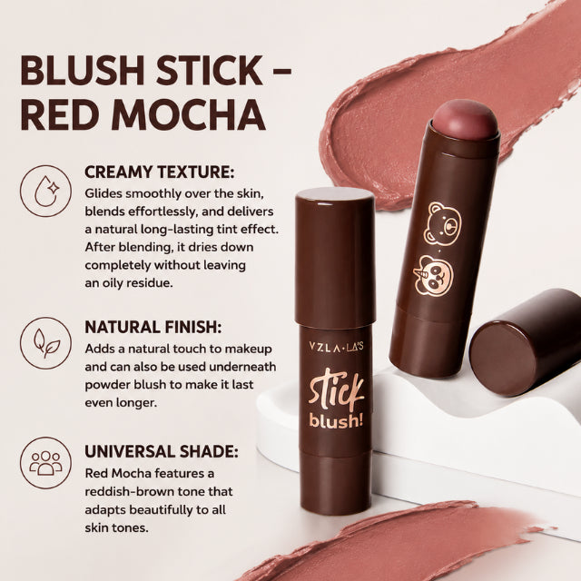 Vizzela + La's Red Mocha Cream Blush Stick – Long-Lasting & Vegan – 0.25 oz (7g) – Buy now at MKPBR.COM – Worldwide Shipping
