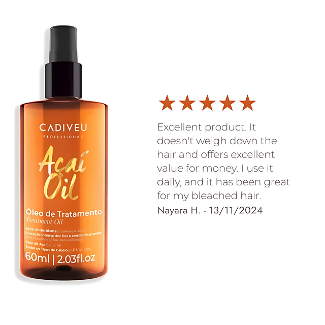 Cadiveu Essentials Açaí Oil Leave-In Hair Treatment Oil for Shine + Frizz Control 3.72 oz (110 ml) premium hair oil for everyday shine – Buy now at MKPBR.COM – Worldwide Shipping
