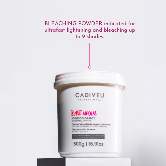 Cadiveu Professional Buriti Mechas Dust-Free Bleaching Powder for Cool Blonde Lift 17.64 oz (500 g) Buriti extract and fructose formula highlight – Buy now at MKPBR.COM – Worldwide Shipping