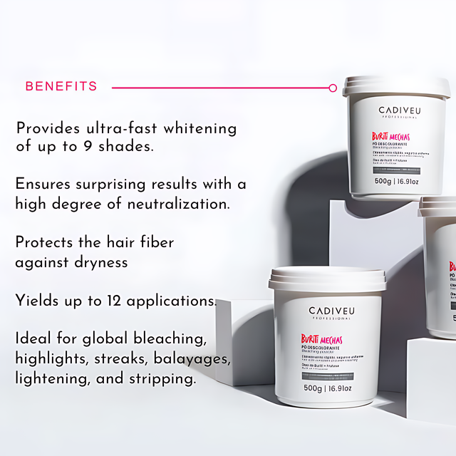 Cadiveu Professional Buriti Mechas Dust-Free Bleaching Powder for Cool Blonde Lift 17.64 oz (500 g) HIGH TECH GREEN anti-yellow detail – Buy now at MKPBR.COM – Worldwide Shipping