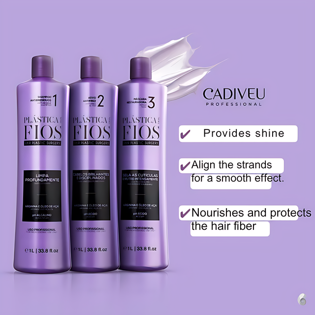 Cadiveu Professional Plástica dos Fios Thermal Sealing Smoothing Kit (3-Piece) for Frizz Control + Shine kit front view with size options – Buy now at MKPBR.COM – Worldwide Shipping