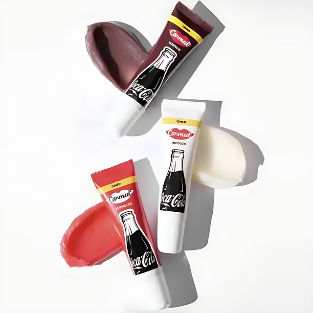 Carmed Coca-Cola Lip Balm Kit: Red, Brown, Clear– 3 x 0.35 oz (10g) – Cruelty-free lip moisturizers with subtle tints and clear option – Buy now at MKPBR.COM – Worldwide Shipping