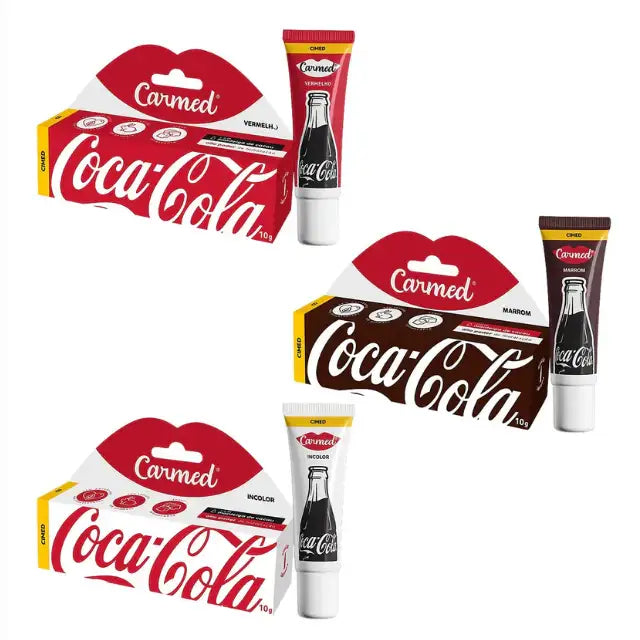 Carmed Coca-Cola Lip Balm Kit: Red, Brown, Clear– 3 x 0.35 oz (10g) – Refreshing and hydrating lip balms – Buy now at MKPBR.COM – Worldwide Shipping