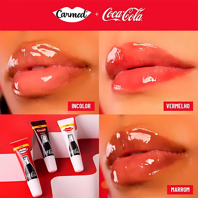 Carmed Coca-Cola Lip Balm Kit: Red, Brown, Clear Swatches– 3 x 0.35 oz (10g) – Unique Red, Brown, and Clear balms in a collectible kit – Buy now at MKPBR.COM – Worldwide Shipping