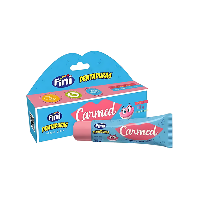 Carmed Fini Lip Balm Dentaduras, 0.35 oz (10g) – Essential lip care with a fun, glossy finish from Brazil – Buy now at MKPBR.COM – Worldwide Shipping