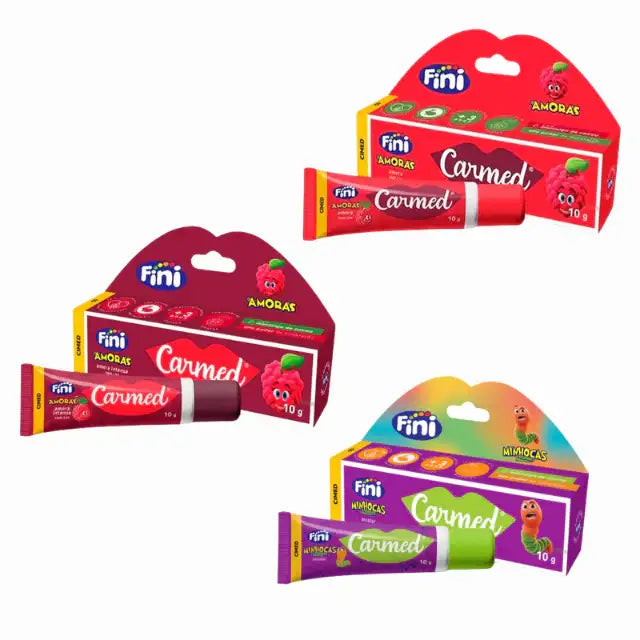 Carmed Fini Lip Balm Kit: Amora, Amora Intensa, Minhocas – 3 x 0.35 oz (10g) – Authentic Brazilian lip care with iconic Fini flavors – Buy now at MKPBR.COM – Worldwide Shipping