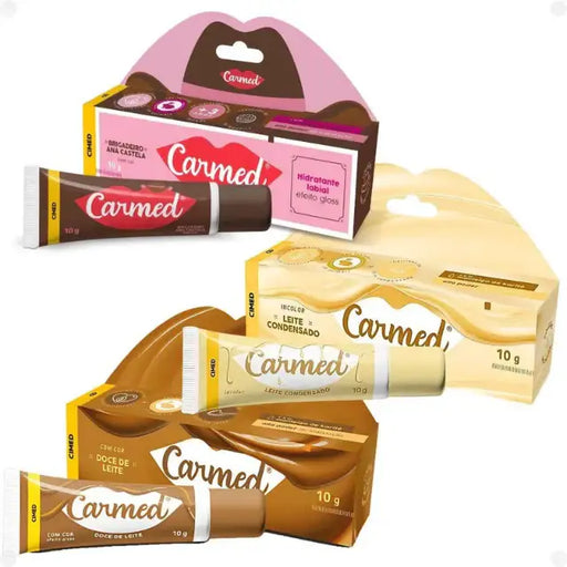 Carmed Sweet Line Lip Balm Kit: Brigadeiro Ana Castela, Leite Condensado, Doce de Leite – 3 x 0.35 oz (10g) – Authentic Brazilian lip care with iconic sweet flavors – Buy now at MKPBR.COM – Worldwide Shipping