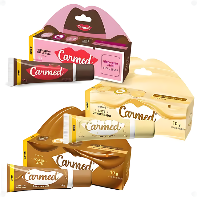 Carmed Sweet Line Lip Balm Kit: Brigadeiro Ana Castela, Leite Condensado, Doce de Leite – 3 x 0.35 oz (10g) – Authentic Brazilian lip care with iconic sweet flavors – Buy now at MKPBR.COM – Worldwide Shipping