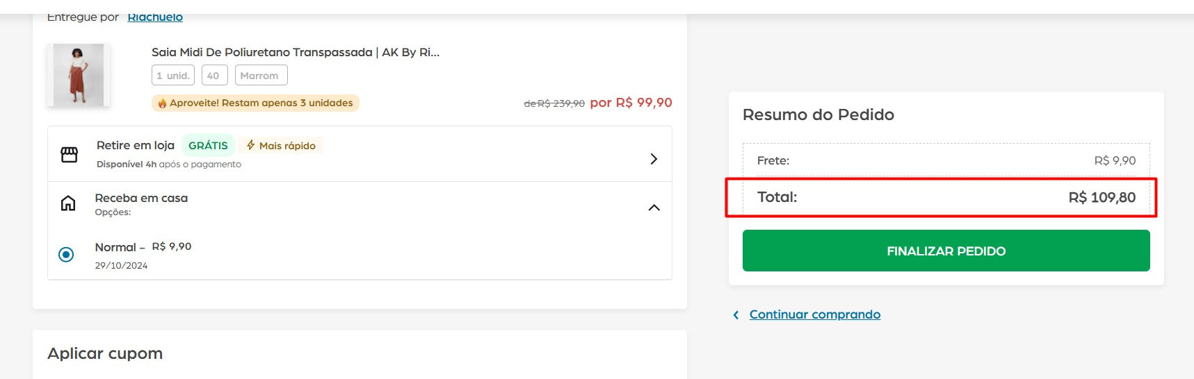 Personal Shopper | Comprar desde Brasil -Saia midi de poliuretano transpassada - Marrom | AK de Riachuelo - 1 unidades (DDP)