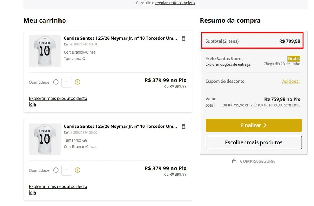 Personal shopper | Buy from Brazil  -Camisa Santos I 25/26 Neymar N° 10 TORCEDOR Umbro Masculina - Branco+Cinza  - 2 items (DDP)