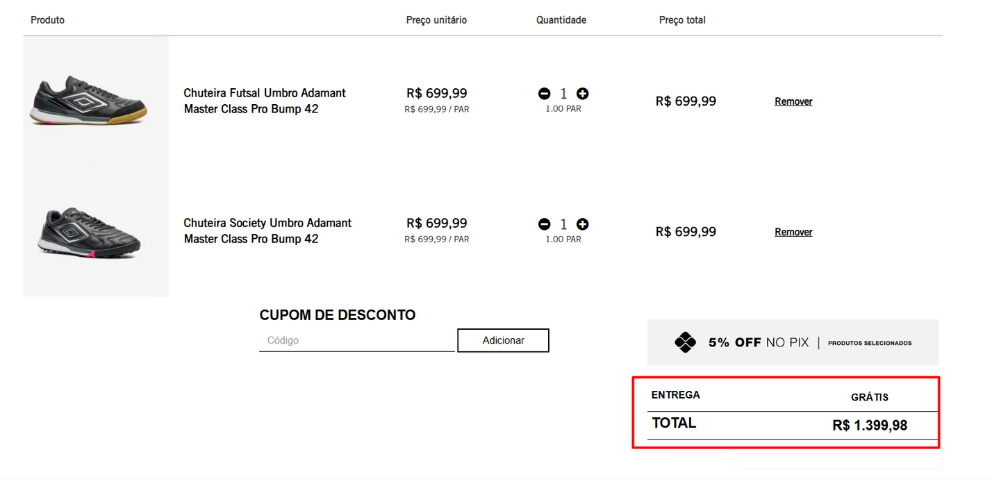 Personal Shopper | Comprar desde Brasil - Chuteira Futsal Umbro Br Futsal 42BR - 2 PARs (DDP)